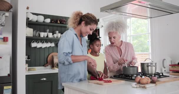Tres generaciones de familias cocinando juntas una comida — Vídeo de stock