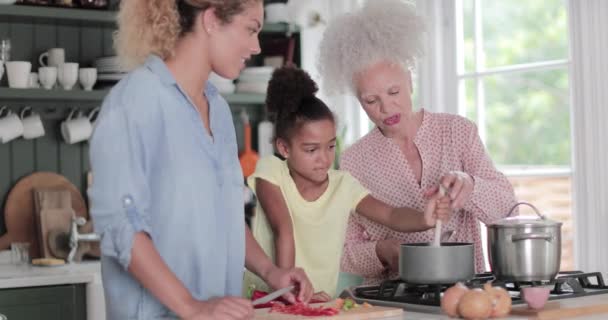 Trzy pokolenia rodziny gotują razem posiłek. — Wideo stockowe