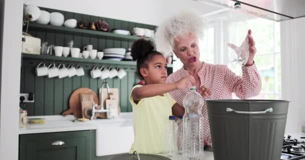 Grandmother recycling at home with granddaughter — Stock Video