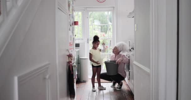 Grandmother recycling at home with granddaughter — Stock Video