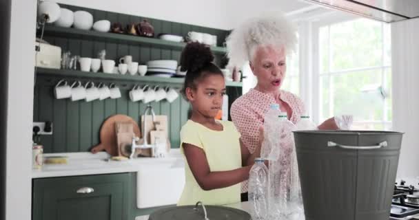 Grandmother recycling at home with granddaughter — Stock Video