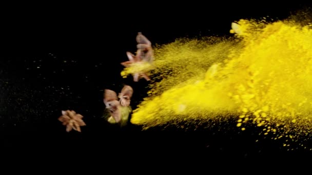 Exotic Spices Flying Slow Motion Spices Explosion Black Background Full — Stock Video