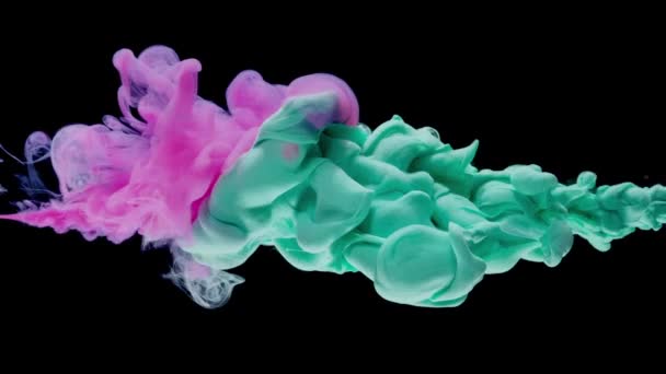 Pink Green Ink Paint Drops Water Mixing Slow Motion Black — Stock Video