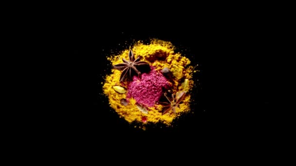 Exotic Spices Flying Slow Motion Spices Explosion Black Background Full — Stock Video