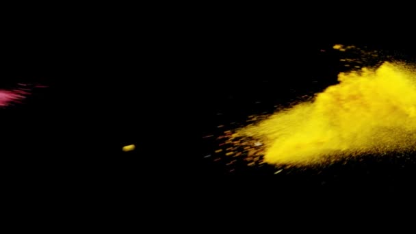 Exotic Spices Collide Black Background Slow Motion Explosion Pink Yellow — Stock Video