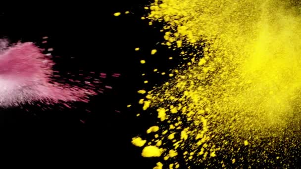 Pink Yellow Powder Exotic Spices Collide Black Background Slow Motion — Stock Video