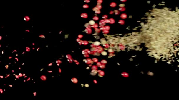 Herbs Red Pepper Collide Black Background Slow Motion — Stock Video