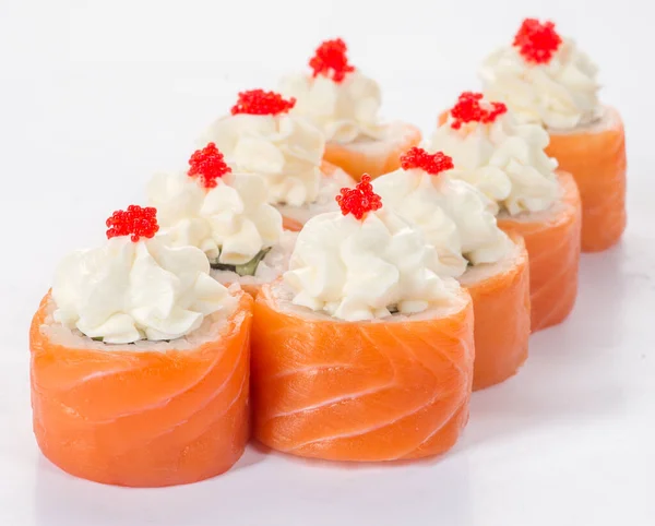 Leckere Frische Sushi Rollen Isoliert Auf Weißem Hintergrund Japanische Küche — Stockfoto