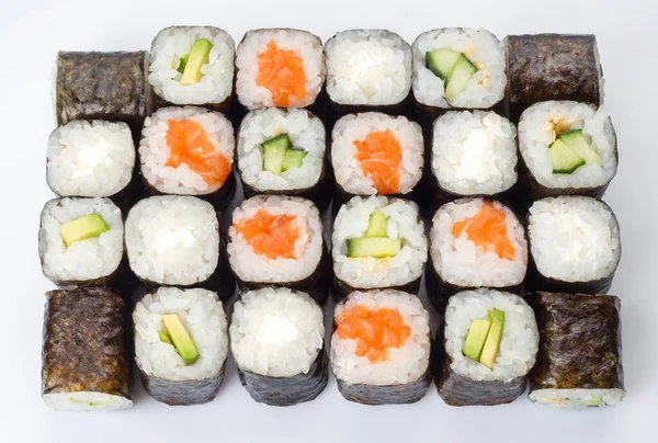 Duży Zestaw Bułek Sushi Białym Tle Smaczne Świeże Bułki Sushi — Zdjęcie stockowe