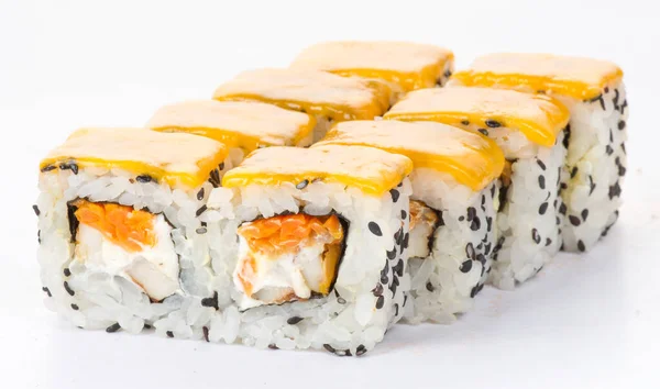 Leckere Frische Sushi Rollen Isoliert Auf Weißem Hintergrund Japanische Küche — Stockfoto