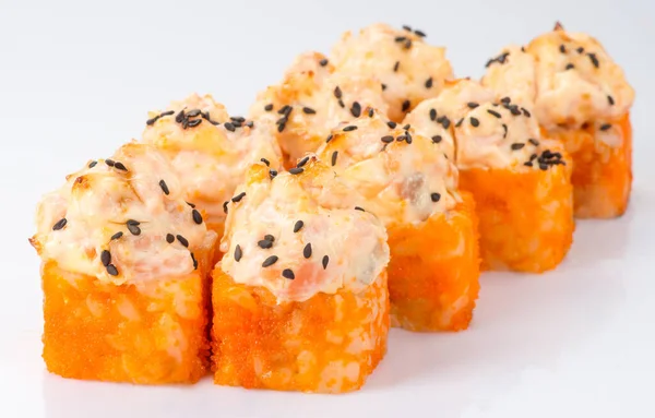 Leckere Frische Sushi Rollen Isoliert Auf Weißem Hintergrund Japanische Küche — Stockfoto