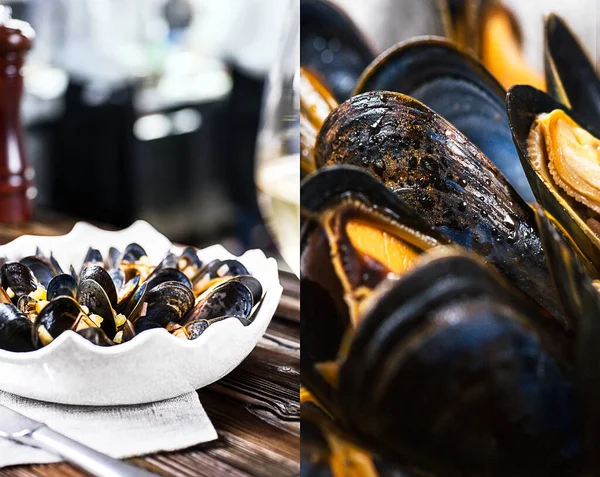 Kızarmış midyeler beyaz bir tabakta servis edilir. Lüks yemekler. Bar tezgahı, restoran ortamı. Yakın çekim.