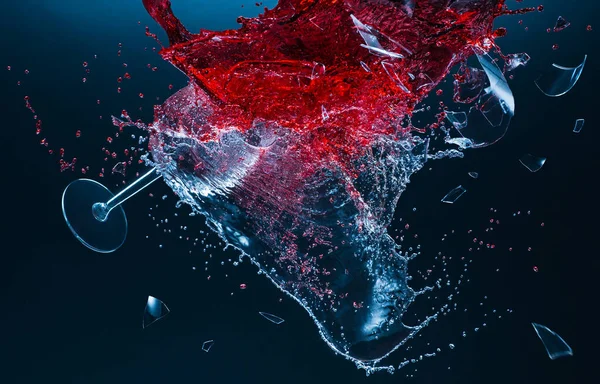 Kırmızı ve beyaz şarap kadehleri çarpışıyor ve siyah arka planda eziliyor. Sıçramalar. Kırık cam. Sıvıların yüksek hız fotoğrafçılığı