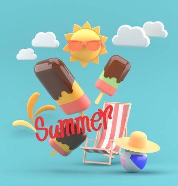 Pankart için yaz posteri tasarımı. 3D kırmızı yazı tipi ile çevrili dondurma çubukları ve mavi gökyüzünde plaj elementi..