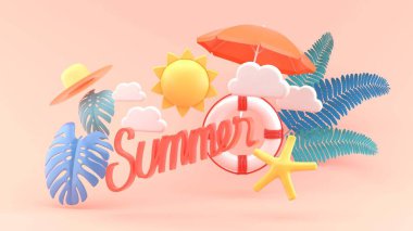 Pembe arka planda 3 boyutlu yazlık yazı tipi ve plaj elemanlarıyla yaz indirimi afişi..