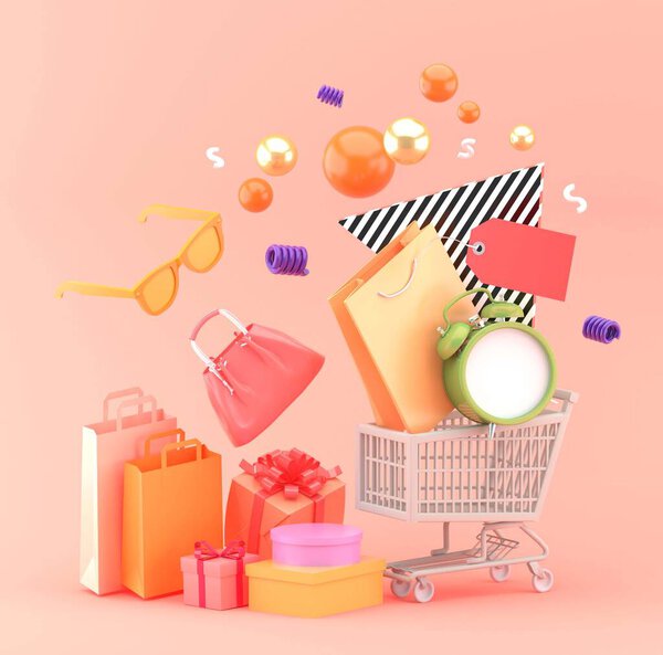 Корзина с сумками и часами в окружении сумок и подарочных коробок на розовом фоне.

