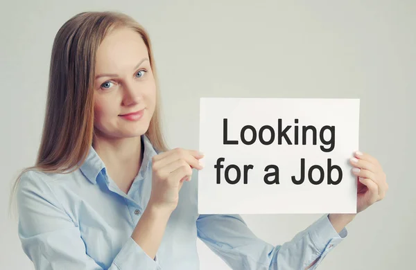 Young Blonde Girl Looking Job Blank Sheet Woman Holding Sign — Stock Photo, Image
