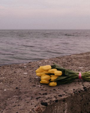 Sarı lale buketi, denizin arka planında beton bir levha üzerinde.