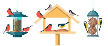 Farklı kuş besleyiciler - Hopper veya House Feeder, Nyjer Feeder ve Suet Feeder. Beyaz arkaplanda izole edilmiş düz çizgi film tarzında çizimler.