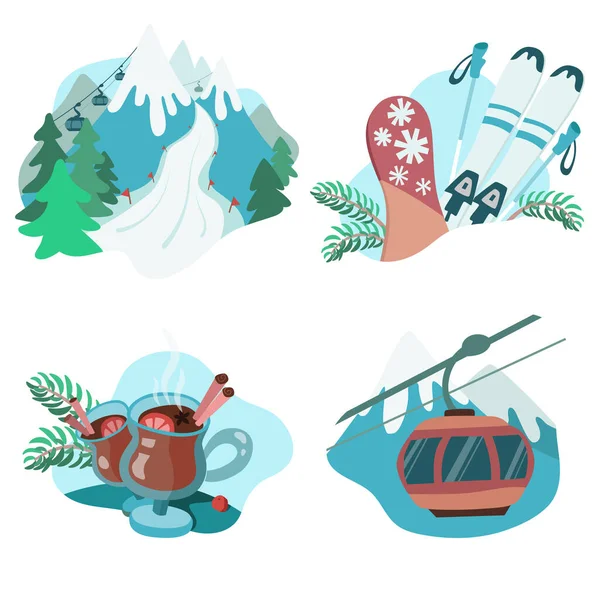Skigebiet Skiausrüstung Glühweingläser Und Gondelbahn Set Von Cartoon Illustrationen Isoliert — Stockvektor