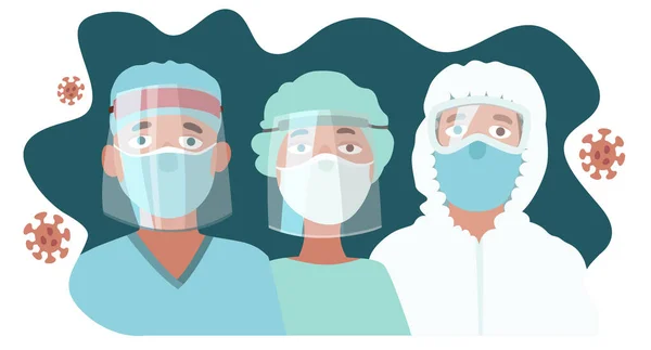 Három Orvos Használ Védőmaszkot Kórházakban Dolgoznak Biztonsága Érdekében Kovid Járvány — Stock Vector