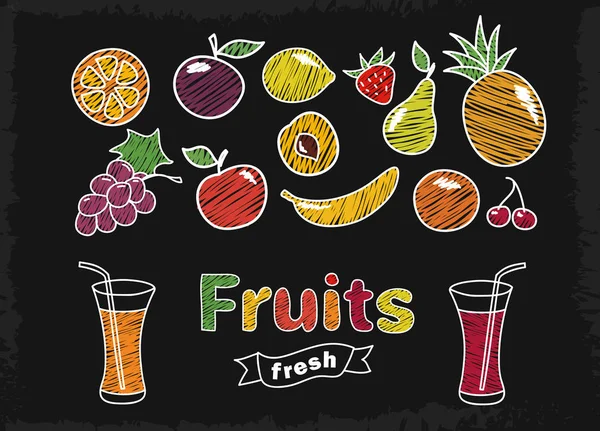 Conjunto de frutas y jugo extraídos a mano — Vector de stock