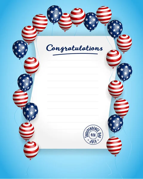 Carta plantilla para felicitar con USA Día de la Independencia con globos en colores de bandera alrededor del papel — Archivo Imágenes Vectoriales