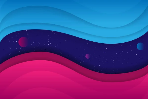 Fondo de ondas de papel abstracto con espacio con planetas y estrellas — Vector de stock