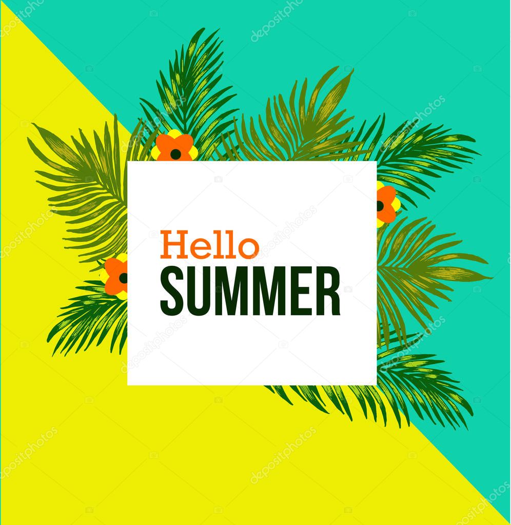 Minimal modern template hello summer on tropical background