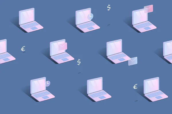 Motif sans couture, ordinateurs portables isométriques avec icônes, rose sur fond bleu — Image vectorielle