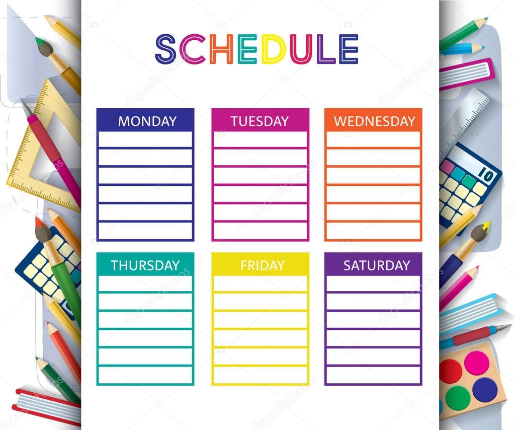 School schedule colorful template on different chancery objects 