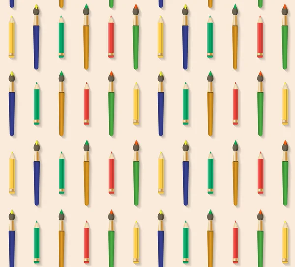 Benda-benda sekolah berwarna pola mulus dari pensil dan kuas - Stok Vektor