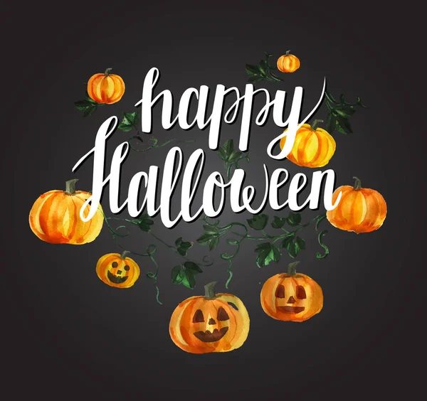 Fröhliche Halloween-Karte auf dunklem Hintergrund mit leuchtend orangefarbenen Kürbissen und Kalligrafie — Stockvektor