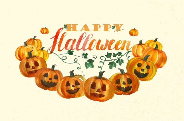 Fröhliche Halloween-Karte in Aquarellzeichnung, mit Kalligrafie-Schriftzug und Kürbissen mit Grusellächeln — Stockvektor