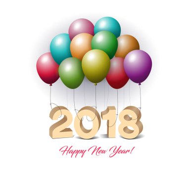 Yeni yıl yirmi sekiz numara ayakta katta ve balonlar ile renkli tebrik kartı, havada asılı bağlanır, 
