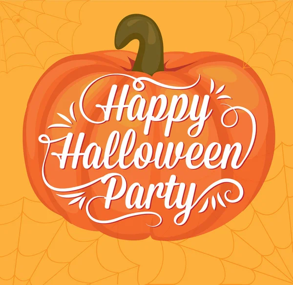 Fröhliches Halloween-Party-Poster mit Kalligrafie auf Kürbis und Netz — Stockvektor