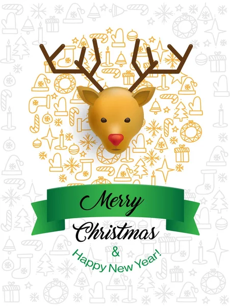 鹿頭のアイコンでメリー クリスマスと新年あけましておめでとうございますポスト カード — ストックベクタ