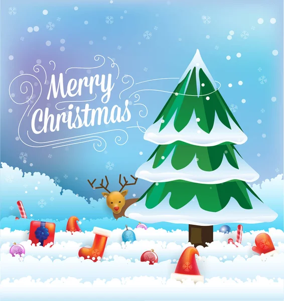 Merry Christmas greeting illustration with winder forest landskap - Stok Vektor