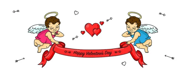 Happy Valentine's Day congratulating banner with cupid angels — Stock Vector