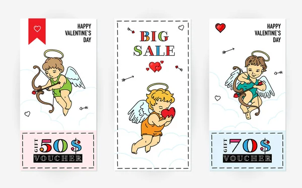 Conjunto de certificados de regalo de San Valentín con ángeles en color — Vector de stock