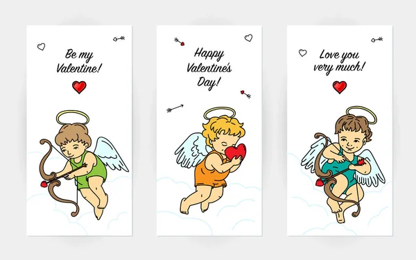 Tres tarjetas de felicitación en un concepto con ángeles gráficos volando — Vector de stock