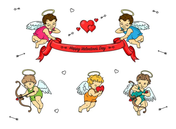 Collection of cupid angels in different poses with congratulating — Stock Vector