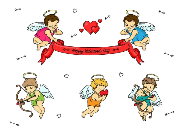 Kumpulan malaikat Cupid dengan pose yang berbeda dengan ucapan selamat Grafik Vektor