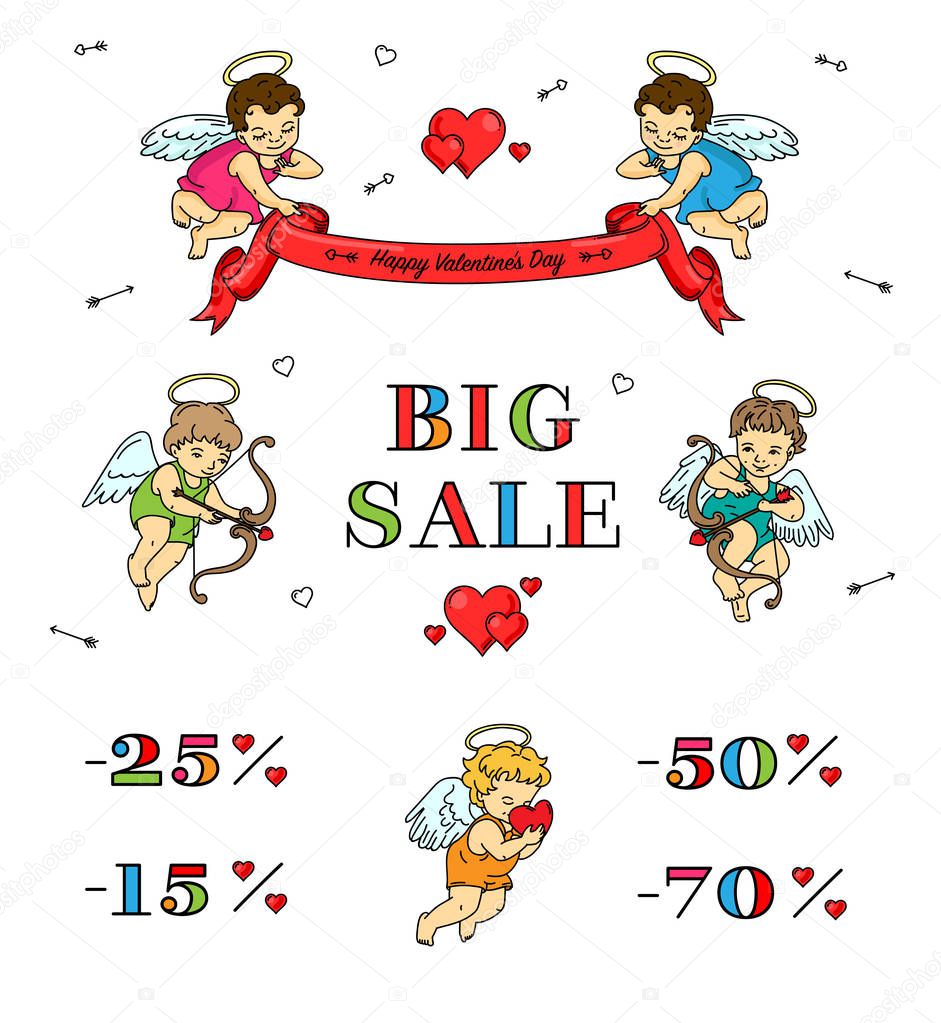 Valentine's Day sale set with graphic illustration of cupid ange