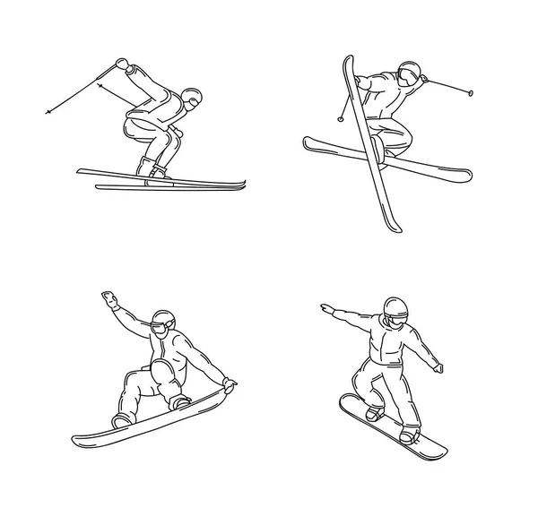 Winter sport sportmen in different poses during skiing and snow — Stock Vector