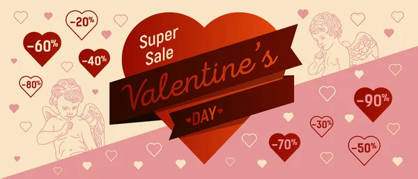 Valentine 's Day Super Sale dengan logo hati besar label dan cupid - Stok Vektor