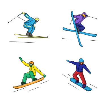 Kayak aşırı kış sporcular grafik çizimler kümesi 