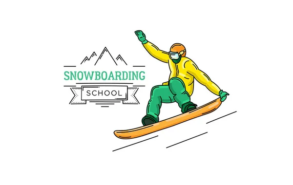 スノーボードのロゴ入りのスノーボード スポーツマン グラフィック イラスト — ストックベクタ