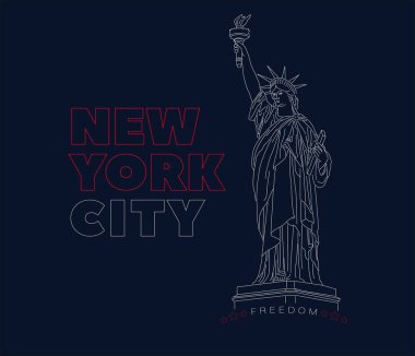New York City anahat metninin önünde Özgürlük heykeli detaylı çizim ile