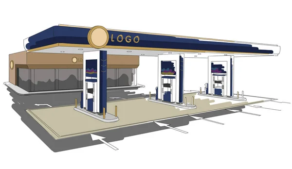 Tankstelle detaillierte Zeichnung Illustration, bunt, isoliert — Stockvektor